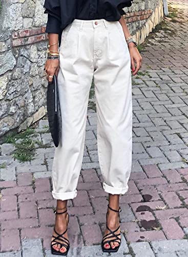 EVALESS Cargo Jeans for Women Casual Baggy High Rise Straight Leg Boyfriend Pants Y2K Trousers Streetwear Pant with Pockets White 12