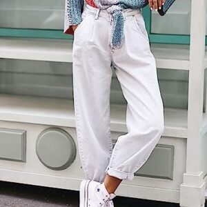 EVALESS Cargo Jeans for Women Casual Baggy High Rise Straight Leg Boyfriend Pants Y2K Trousers Streetwear Pant with Pockets White 12