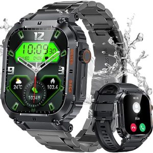 podoeil military smart watch for men with 2 strap text and call fitness tracking/heart rate/sleep monitoring/waterproof outdoor sports rugged tactical watches for android and iphone black