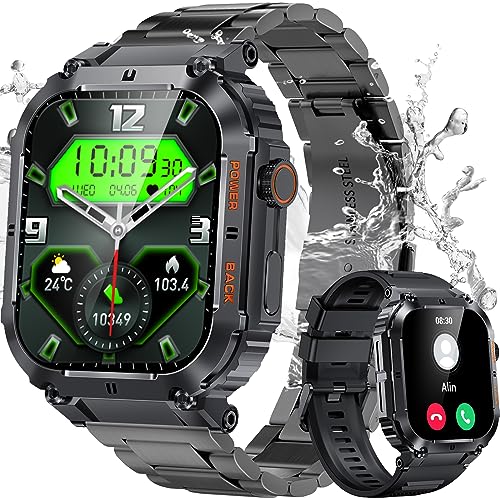 PODOEIL Military Smart Watch for Men with 2 Strap Text and Call Fitness Tracking/Heart Rate/Sleep Monitoring/Waterproof Outdoor Sports Rugged Tactical Watches for Android and iPhone Black