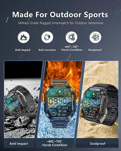 PODOEIL Military Smart Watch for Men with 2 Strap Text and Call Fitness Tracking/Heart Rate/Sleep Monitoring/Waterproof Outdoor Sports Rugged Tactical Watches for Android and iPhone Black