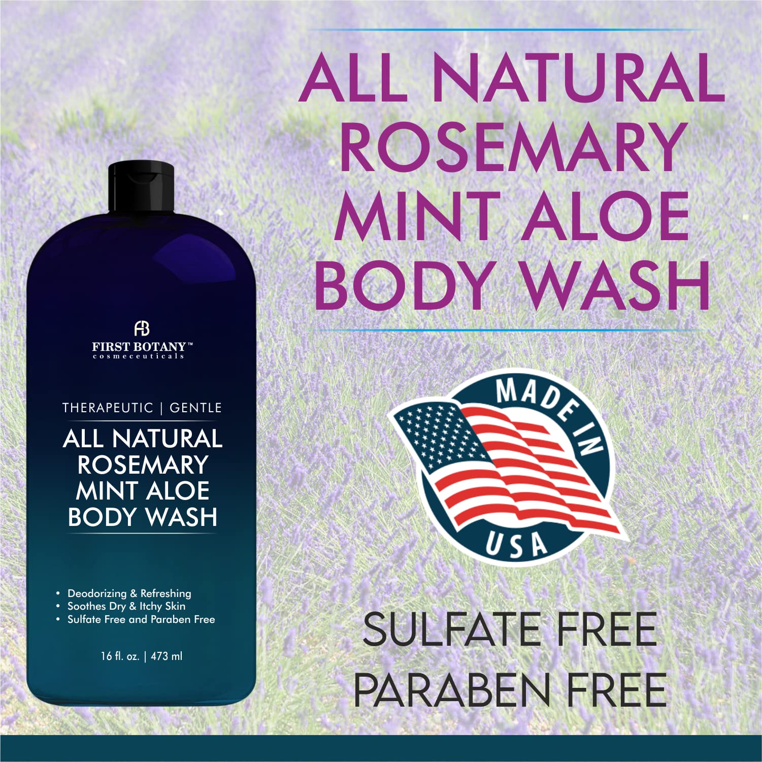 ALL Natural Body Wash - Fights Body Odor, Athlete’s Foot, Jock Itch, Nail Issues, Dandruff, Acne, Eczema, Shower Gel for Women & Men, Skin Cleanser -16 fl oz (Rosemary Mint)