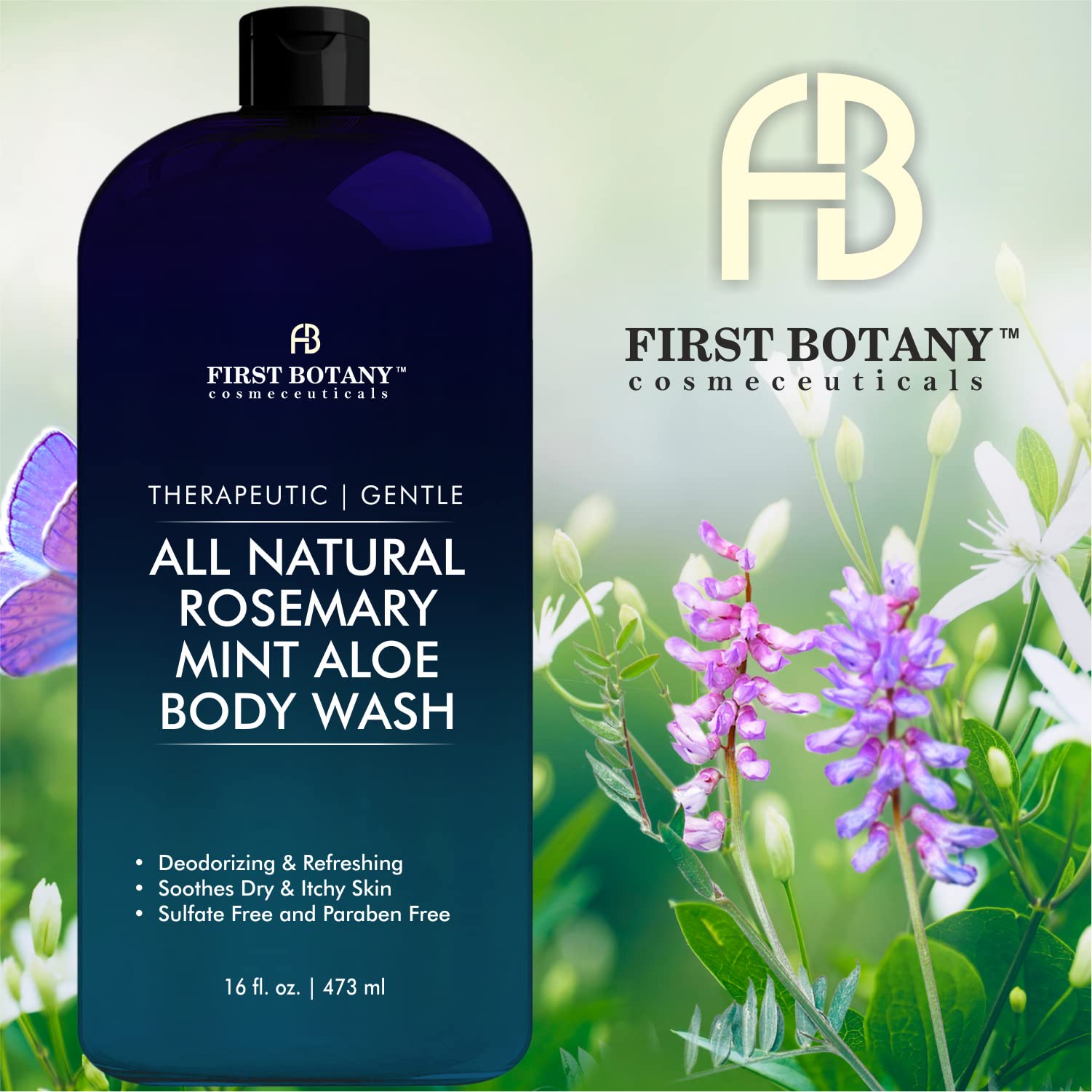 ALL Natural Body Wash - Fights Body Odor, Athlete’s Foot, Jock Itch, Nail Issues, Dandruff, Acne, Eczema, Shower Gel for Women & Men, Skin Cleanser -16 fl oz (Rosemary Mint)