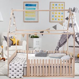 full size single floor bed frame children's room with roof and fence wooden natural modern contemporary nature wood finish handmade