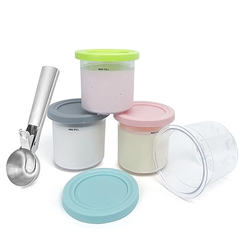 CUTIECLUB 4PCS Ice Cream Pints Containers with Lids and Stainless Steel Ice Cream Scoop Set for Ninja Creami, Compatible with NC299AMZ & NC300s Series Creami Ice Cream Makers