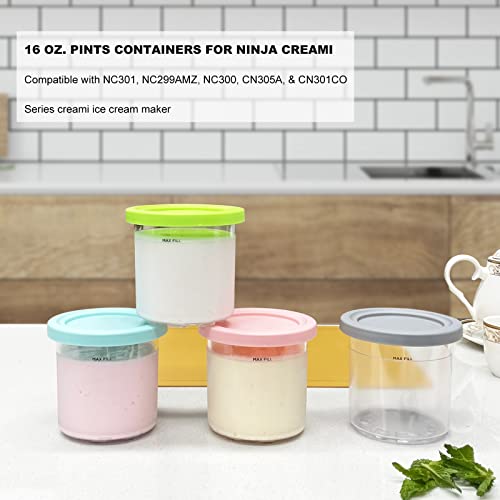 CUTIECLUB 4PCS Ice Cream Pints Containers with Lids and Stainless Steel Ice Cream Scoop Set for Ninja Creami, Compatible with NC299AMZ & NC300s Series Creami Ice Cream Makers