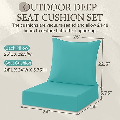 downluxe Outdoor Deep Seat Cushions Set, Waterproof Memory Foam Patio Furniture Cushions with Zipper for Outdoor Chair Sofa, 24" x 24", Teal, 2 Piece Set