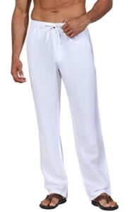 soojun men's linen beach pants lightweight summer pants with drawstring, white, medium/32 inseam