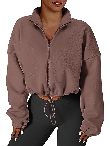 ANRABESS Jacket for Women Full Zip Oversized Fleece Crop Sherpa Coat Long Sleeve Drop Shoulder Stand Collar Drawstring Hem Soft Cozy Thick Trendy Winter Tops Outfits 1097qianzong-L