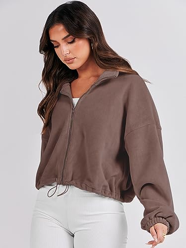 ANRABESS Jacket for Women Full Zip Oversized Fleece Crop Sherpa Coat Long Sleeve Drop Shoulder Stand Collar Drawstring Hem Soft Cozy Thick Trendy Winter Tops Outfits 1097qianzong-L