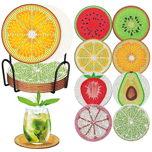 Ninonly Fruit Diamond Painting Coasters 8 Pcs with Holder DIY Diamond Art Coaster for Adults Kids Beginners Diamond Painting Kits Crafts Kit for Drinks