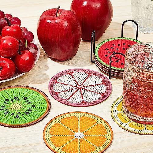 Ninonly Fruit Diamond Painting Coasters 8 Pcs with Holder DIY Diamond Art Coaster for Adults Kids Beginners Diamond Painting Kits Crafts Kit for Drinks