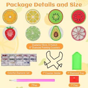 Ninonly Fruit Diamond Painting Coasters 8 Pcs with Holder DIY Diamond Art Coaster for Adults Kids Beginners Diamond Painting Kits Crafts Kit for Drinks