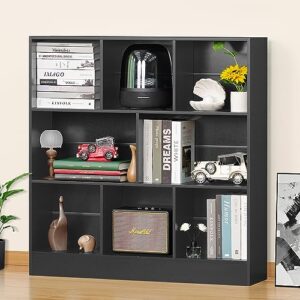 yaharbo black wide bookshelf,3 tier modern horizontal bookcase,wood low bookshelves display storage cabinet with base,floor standing 8 cube large bookcases organizer for bedroom,living room,office
