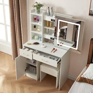 buildonely modern dressing table set with lighted mirror and large tabletop, vanity desk set led makeup table with touch screen and chair for bedroom, home, girls. women. white