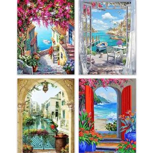 perycomly paint by number for adults canvas, 4 pack 16"x20" acrylic door paint by numbers, diy adult paint by number kits, door oil painting by number for home wall decor gift