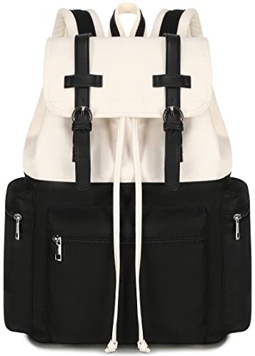 Bluboon Laptop Backpack Women Men 15.6 Inch College Backpack with Charge Port School Bookbag Waterproof Casual Daypack Backpack for Travel Work(Black-Beige)