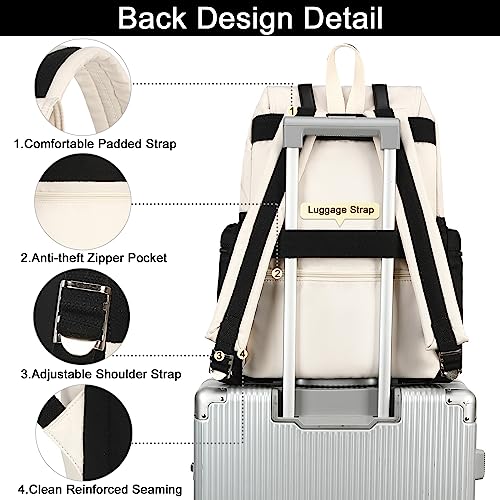 Bluboon Laptop Backpack Women Men 15.6 Inch College Backpack with Charge Port School Bookbag Waterproof Casual Daypack Backpack for Travel Work(Black-Beige)