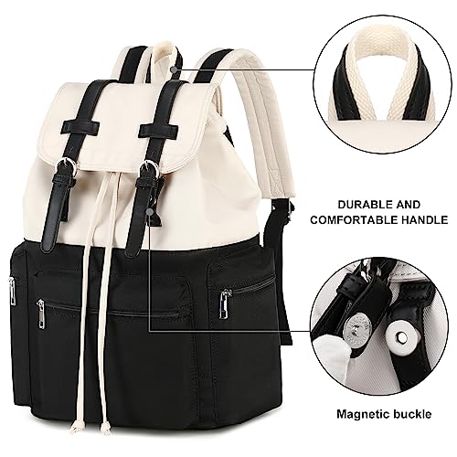 Bluboon Laptop Backpack Women Men 15.6 Inch College Backpack with Charge Port School Bookbag Waterproof Casual Daypack Backpack for Travel Work(Black-Beige)