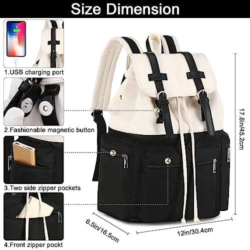 Bluboon Laptop Backpack Women Men 15.6 Inch College Backpack with Charge Port School Bookbag Waterproof Casual Daypack Backpack for Travel Work(Black-Beige)