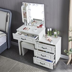 white vanity set, makeup vanity desk with lighted mirror and cushioned stool, bedroom set with 4 drawers and shelves for women, girls
