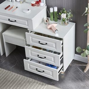 White Vanity Set, Makeup Vanity Desk with Lighted Mirror and Cushioned Stool, Bedroom Set with 4 Drawers and Shelves for Women, Girls