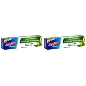 secure sensitive gums waterproof denture adhesive zinc free with aloe vera & myrrh - extra strong 12 hour hold - 1.4 oz (pack of 2)