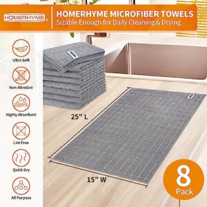 HOMERHYME Kitchen Towels, 8 Pack Microfiber Dish Towels Kitchen Washcloth, 270 GSM Grey All-Purpose Quick Dry Reusable Lint Free & Super Absorbent Tea Towels for Kitchen, Bar, Shop & Hotel 25'' x 15''