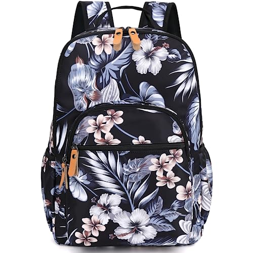 Leaper Water-resistant Floral Laptop Backpack Travel Bag Satchel (Leaves-Black)