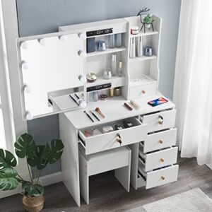 abesthink makeup vanity table with drawers and lights,vanity set dressing table with charging station and shelves, makeup vanity desk with mirror and cushioned stool,white