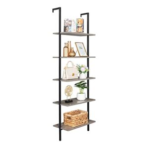 antsku 5 tier wall mounted ladder shelf, ladder bookshelf with metal frame and wood shelf, modern learning bookcase for living room, bedroom, office (23.6" w x 11.8" d x 70.8" h, antique gray)