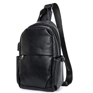 bostanten sling bag leather crossbody backpack shoulder bag for men travel hiking everyday use, black