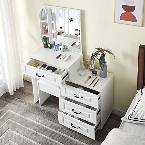 JBLCC Makeup Vanity Table with Lighted Mirror,Makeup Vanity with Lights and Drawers, Storage Shelves, Vanity Desk for Woman Girls, White (5951)