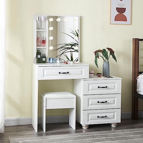 JBLCC Makeup Vanity Table with Lighted Mirror,Makeup Vanity with Lights and Drawers, Storage Shelves, Vanity Desk for Woman Girls, White (5951)