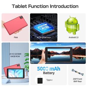 VOLENTEX 8 Inch Tablet, Android 13 Tablet PC 8GB(4+4GB Expand), 64GB ROM, 1TB Expand,1280x800 HD IPS Screen, 5000mAh Battery, Dual Cameras, Bluetooth, WiFi, and Type-C Port(Pink)