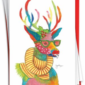 NobleWorks 12 Christmas Greeting Cards Bulk Box Set with 5 x 7 Inch Envelopes (1 Design, 12 Each) Fancy Reindeer - Scarf C6751BXSG-B12x1