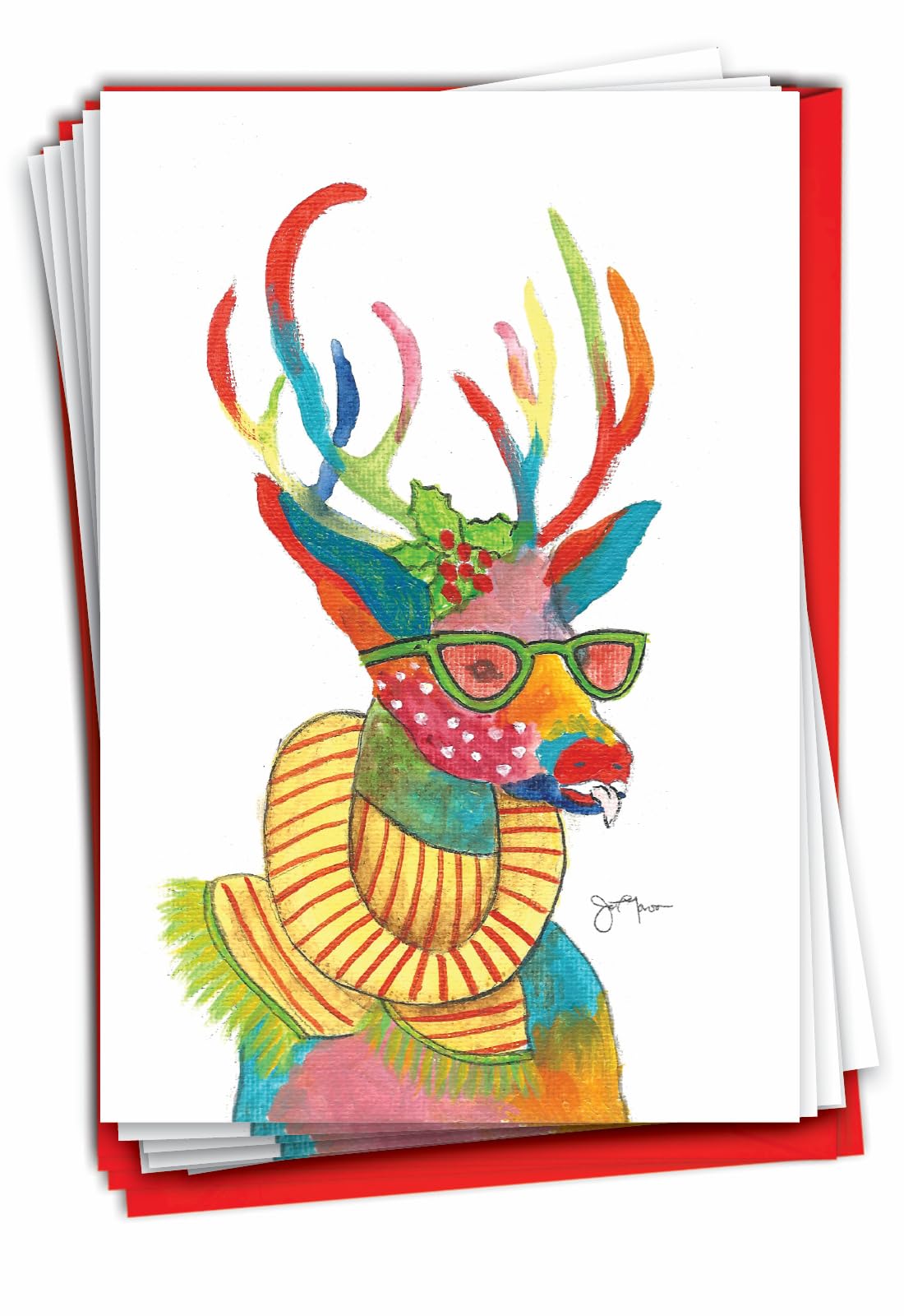 NobleWorks 12 Christmas Greeting Cards Bulk Box Set with 5 x 7 Inch Envelopes (1 Design, 12 Each) Fancy Reindeer - Scarf C6751BXSG-B12x1