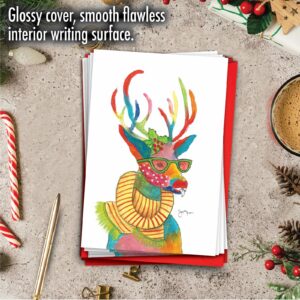 NobleWorks 12 Christmas Greeting Cards Bulk Box Set with 5 x 7 Inch Envelopes (1 Design, 12 Each) Fancy Reindeer - Scarf C6751BXSG-B12x1