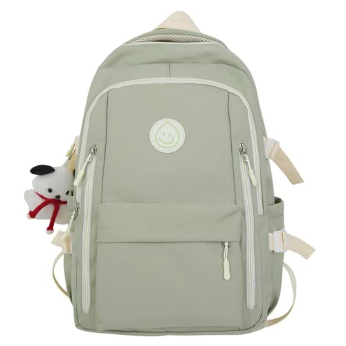 MININAI Preppy Backpack with Cute Pendant Women Smile Face Laptop Backpack Kawaii Lightweight Aesthetic College Backpack (Sage Green,One Size)