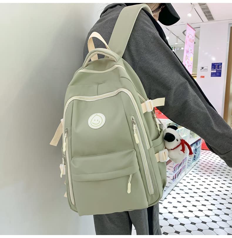 MININAI Preppy Backpack with Cute Pendant Women Smile Face Laptop Backpack Kawaii Lightweight Aesthetic College Backpack (Sage Green,One Size)