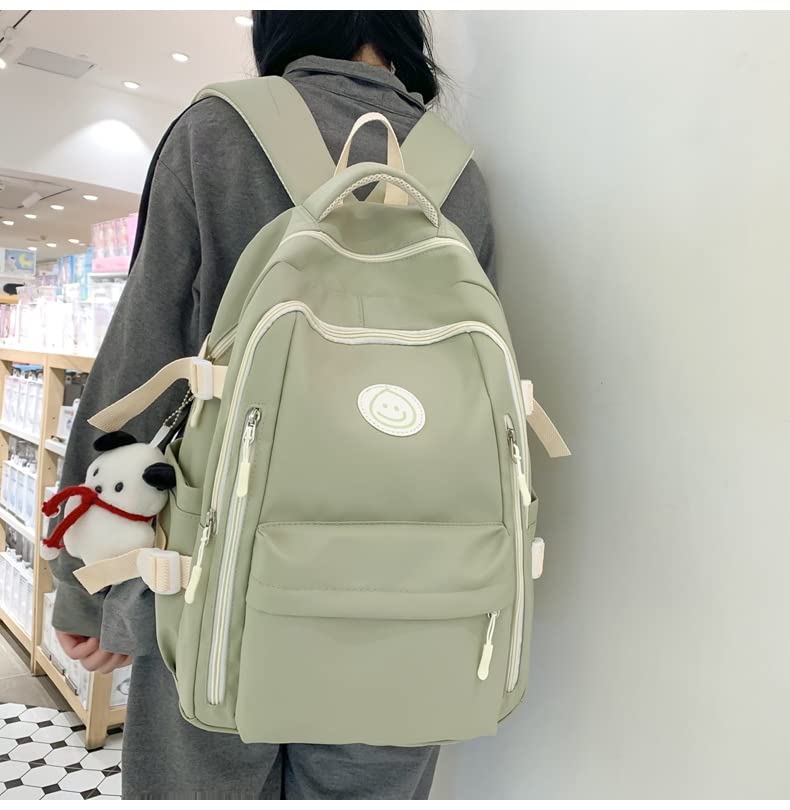 MININAI Preppy Backpack with Cute Pendant Women Smile Face Laptop Backpack Kawaii Lightweight Aesthetic College Backpack (Sage Green,One Size)