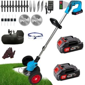 electric weed wacker,cordless weed eater 2ah battery powered brush cutter grass edger,portable weed trimmer/lawn edger/mower/brush cutter,with 5 types blades & wheels for yard and garden weeder tool