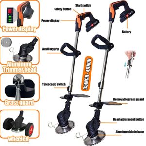 Electric Weed Wacker,Cordless Weed Eater 2Ah Battery Powered Brush Cutter Grass Edger,Portable Weed Trimmer/Lawn Edger/Mower/Brush Cutter,with 5 Types Blades & Wheels for Yard and Garden Weeder Tool