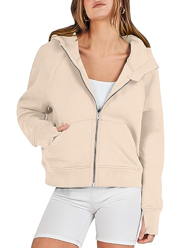 ANRABESS Women's Cropped Hoodies 2023 Fall Plain Jacket Cute Teen Girl Athletic Tops Ribbed Knit Casual Long Sleeve Fleece Sweatshirts Zip Up Hippie Clothes Thumb Hole A1015shenkaqi-S Apricot