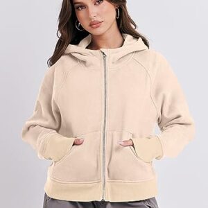 ANRABESS Women's Cropped Hoodies 2023 Fall Plain Jacket Cute Teen Girl Athletic Tops Ribbed Knit Casual Long Sleeve Fleece Sweatshirts Zip Up Hippie Clothes Thumb Hole A1015shenkaqi-S Apricot