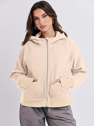 ANRABESS Women's Cropped Hoodies 2023 Fall Plain Jacket Cute Teen Girl Athletic Tops Ribbed Knit Casual Long Sleeve Fleece Sweatshirts Zip Up Hippie Clothes Thumb Hole A1015shenkaqi-S Apricot