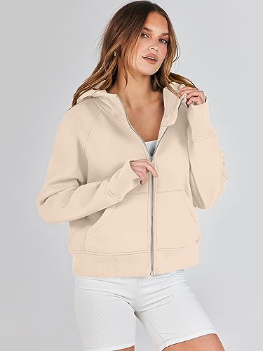 ANRABESS Women's Cropped Hoodies 2023 Fall Plain Jacket Cute Teen Girl Athletic Tops Ribbed Knit Casual Long Sleeve Fleece Sweatshirts Zip Up Hippie Clothes Thumb Hole A1015shenkaqi-S Apricot