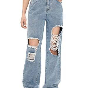 Floerns Girls Cut Out Ripped Wide Leg Jeans High Waist Distressed Denim Pants Light Blue 14Y