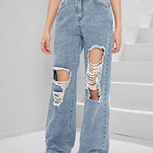 Floerns Girls Cut Out Ripped Wide Leg Jeans High Waist Distressed Denim Pants Light Blue 14Y