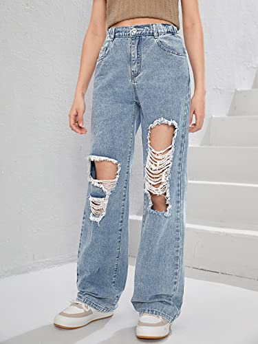 Floerns Girls Cut Out Ripped Wide Leg Jeans High Waist Distressed Denim Pants Light Blue 14Y